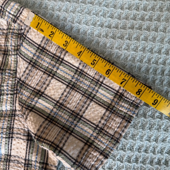 Vintage Erika Seersucker Button Down Shirt Womens Petite XL Tan Plaid Top 90s - Picture 6 of 7